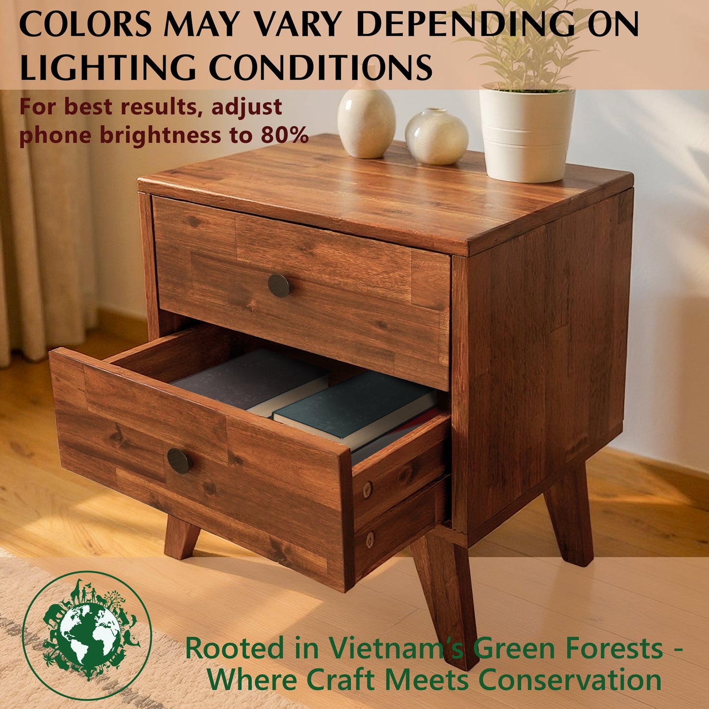 Silvia 2-Drawer Solid Wood Nightstand
