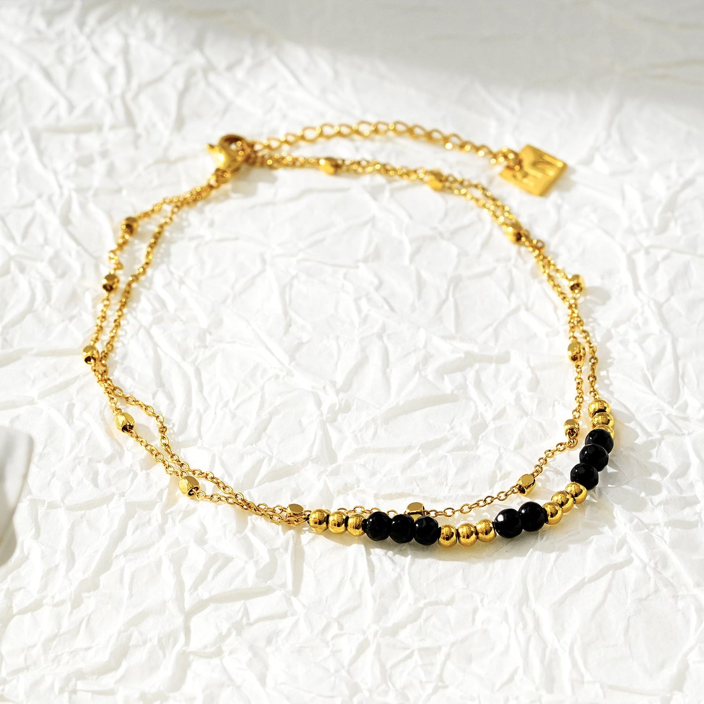 HILDA Gold Necklace: Two-in-One Square Beads & Round Beads in Black & Gold