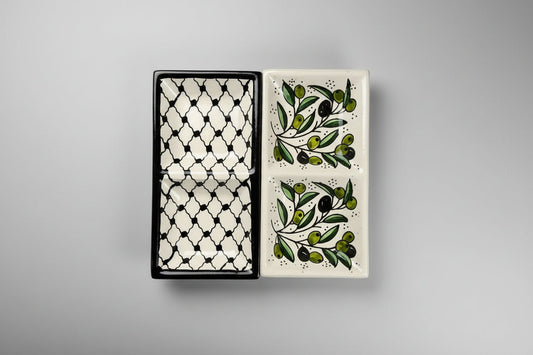 Handcrafted Ceramic Dual Appetizer Plate | Kuffiyeh & Olive Harmony Designs