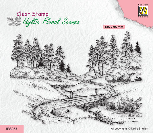 Nellie's Choice Clear Stamp Idyllic Floral Scene - Stream With Bridge