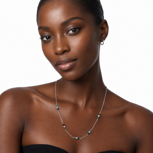 IMANI Silver (White Gold): Mix Bead Dainty Chain Necklace featuring Natural Stones