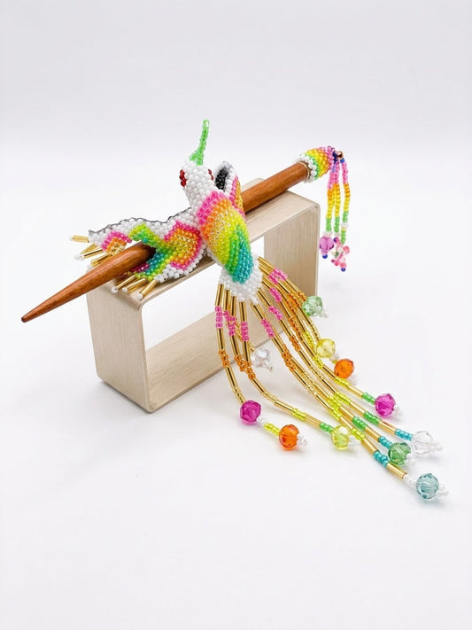 White Hummingbird Beaded Hair Stick