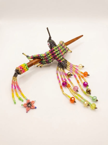 Golden Hummingbird Beaded Hair Stick