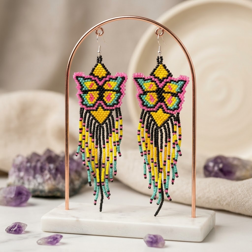 Black Beaded Dancing Wing Earrings