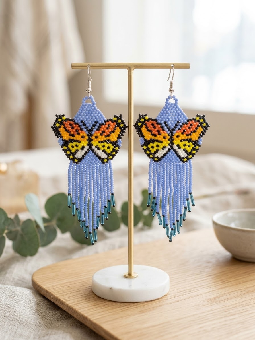 Blue Beaded Dancing Wing Earrings