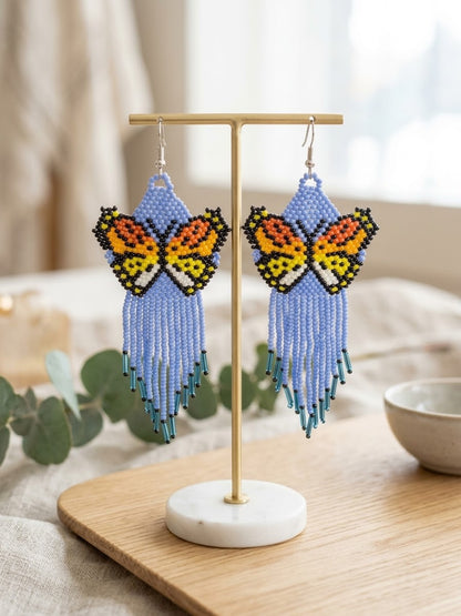 Blue Beaded Dancing Wing Earrings