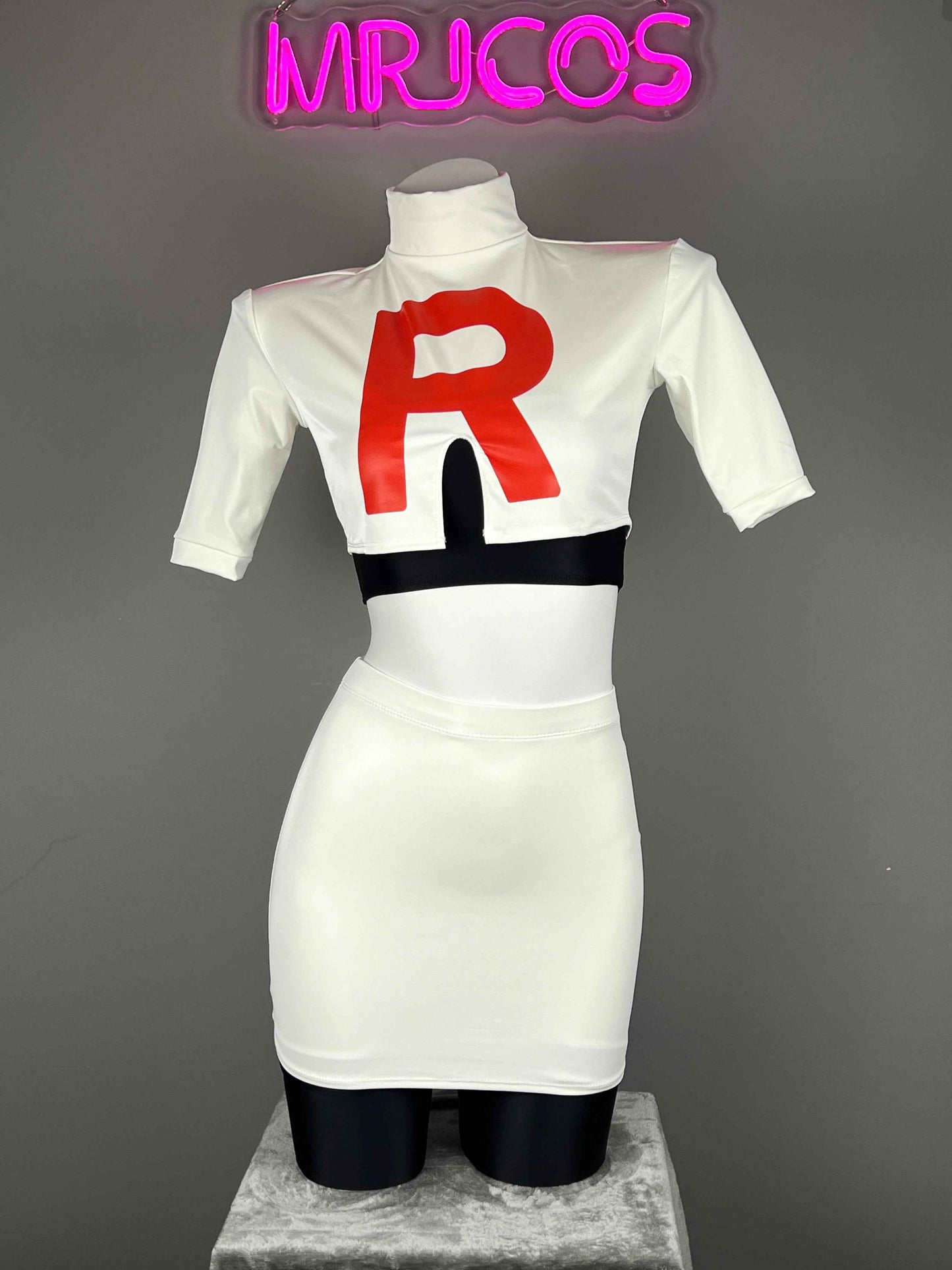 Anime Team Rocket Spandex Leather Cosplay Costume Set with Gloves and Skirt