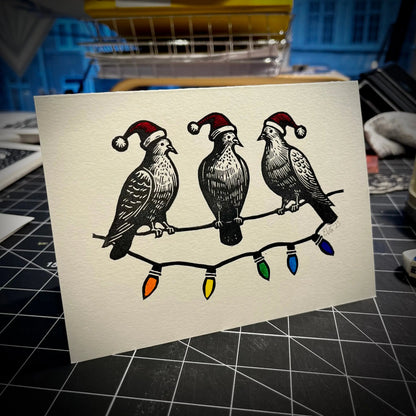 Three Pigeons Slaying Holiday Card | LINOCUT CARD