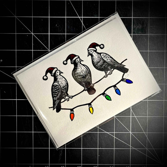 Three Pigeons Slaying Holiday Card | LINOCUT CARD