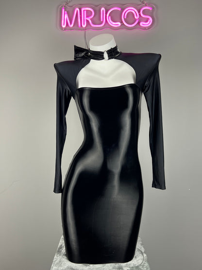Gothic Long Sleeves Spasndex PU Leather Tight Party Dress Lingerie