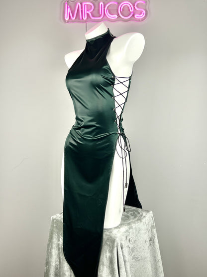 Vintage PU Leather Satin Cheongsam Lingerie Sexy Party Dress Costume