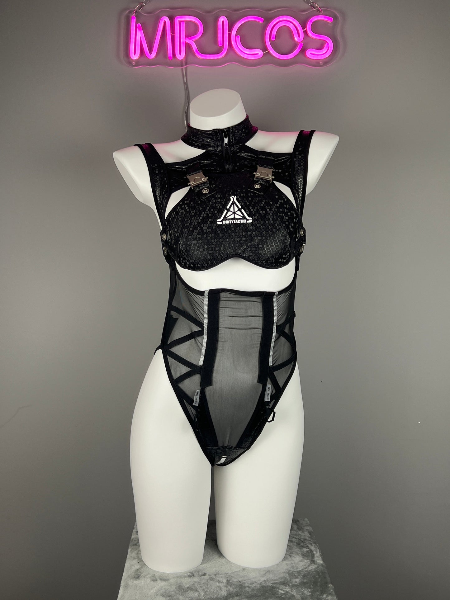 Tactical Anime Girl PU Leather Sheer Mesh Sexy Cosplay Bodysuit Costume