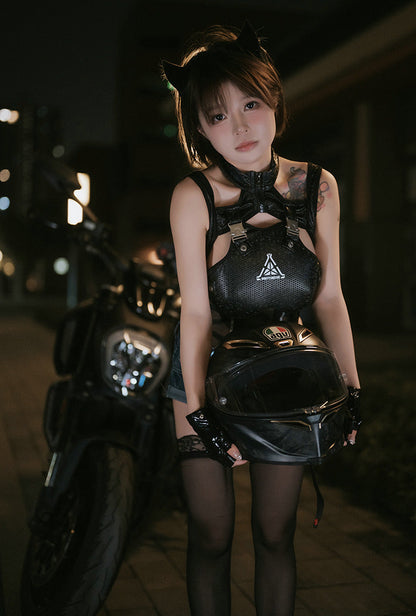 Tactical Anime Girl PU Leather Sheer Mesh Sexy Cosplay Bodysuit Costume