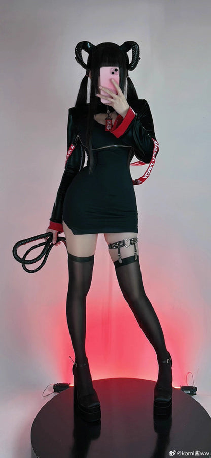 Anime Style Black and White Witch Spandex PU Leather Short Dress with Bust Zipper