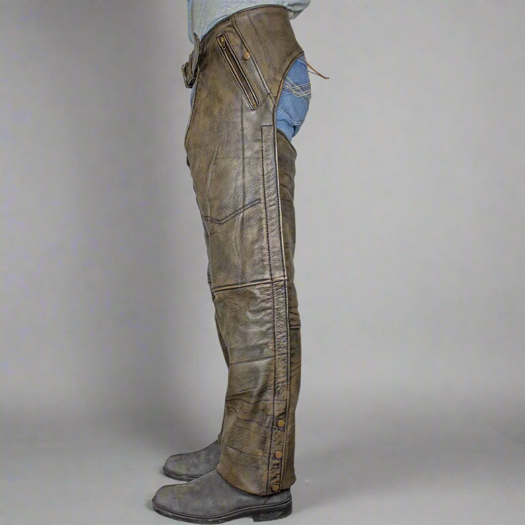 Open Road Men's Distressed Brown 4 Pocket Premium Leather Chaps