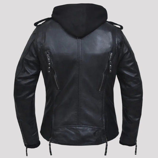 Open Road Women's Hooded Classic Leather Motorcycle Jacket