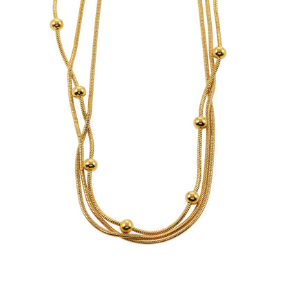 KAKIA: Triple Snake-Skin Chain Layered Necklace with Ball-Bead Accents