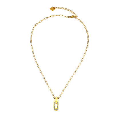 CHICALA: Zirconia-Embedded Oval Shaped Charms Pendant on Paper-Clip Chain Necklace