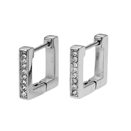 PAIA White Gold (Silver Toned): Tiny Squared Shape Hoop Earrings Embedded with Zirconia Gemstones