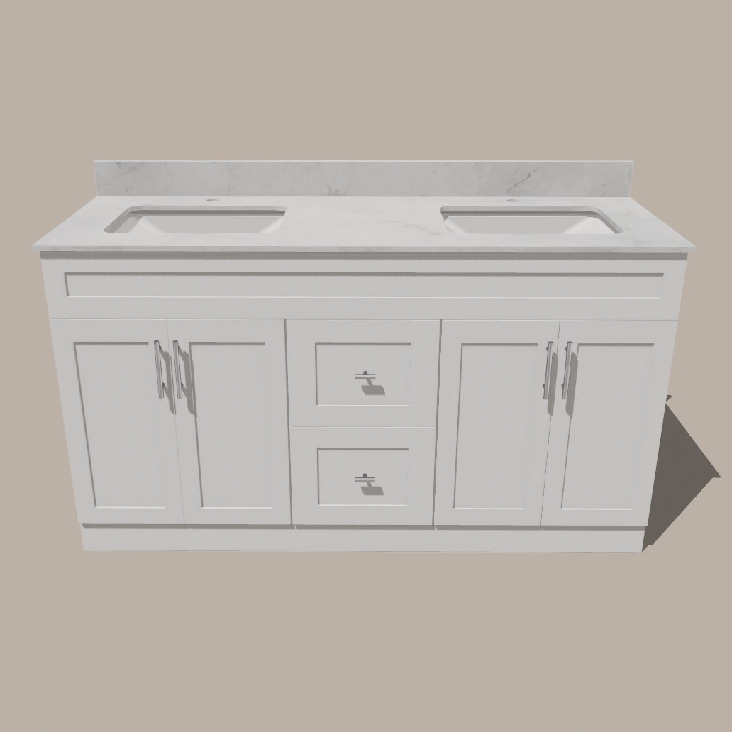 72-Inch Double Sink Shaker Bathroom Vanity — White or Gray | Plywood Cabinet, Solid-Wood Doors, Soft-Close 3-Way Clip-On Hinges | Center 2 Drawers