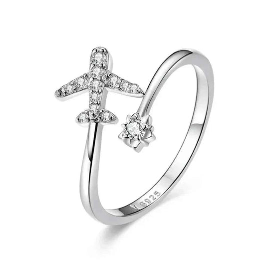 925 Sterling Silver CZ Flying Plane Open Ring