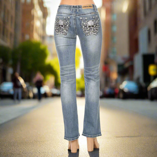 Platinum Plush Women's Rhinestone Skull & Bones Bootcut Jeans