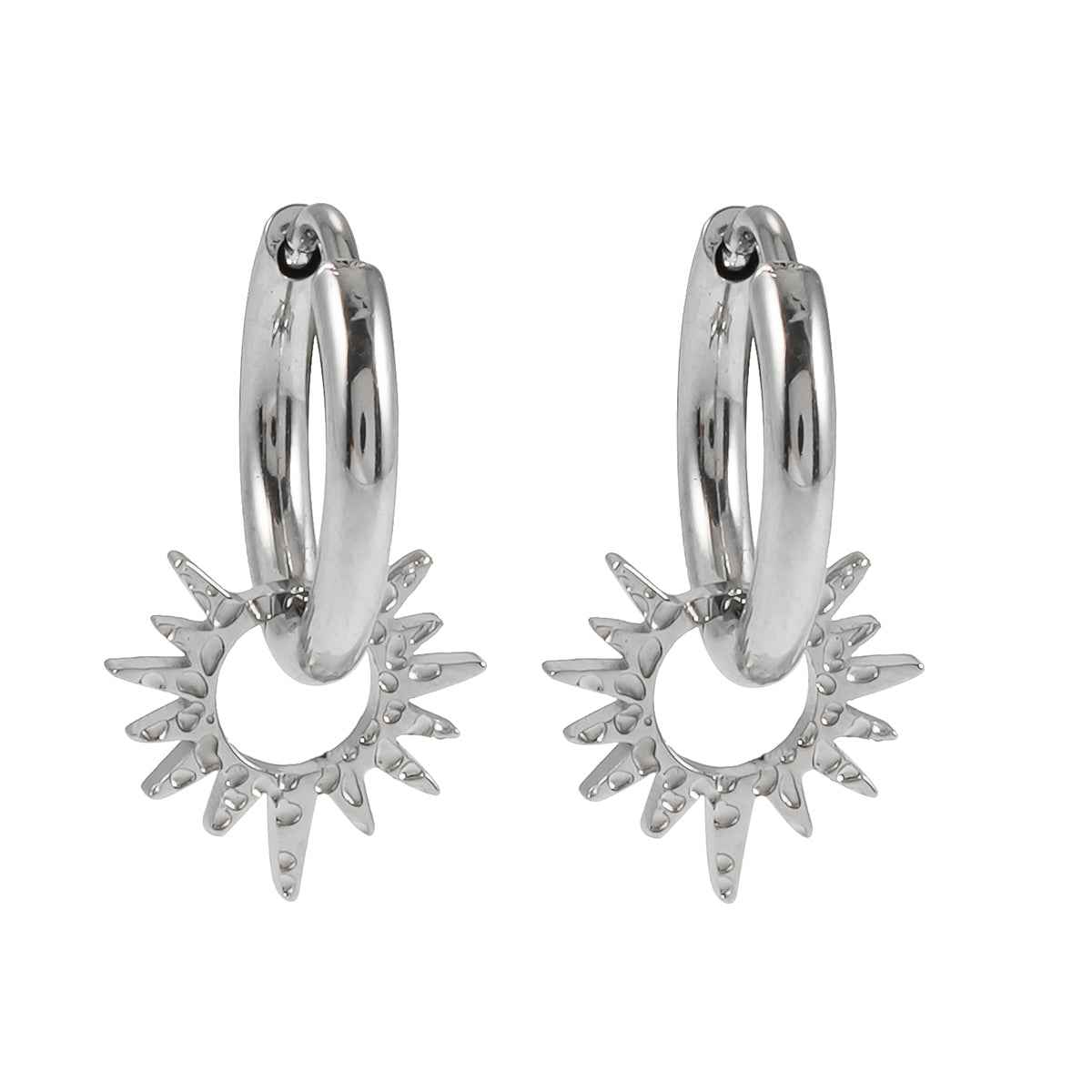 SONNE White Gold (Silver Toned): Vintage Inspired Hoops with Textured Star Charms