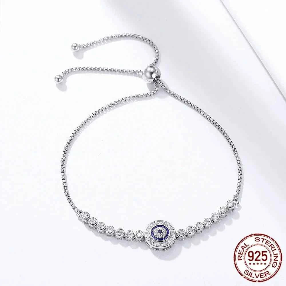 Sterling Silver Evil Eye Tennis Bracelet with CZ – Adjustable