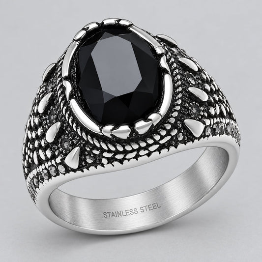 SteelTime Men's Stainless Steel Gothic Simulated Black Diamond Ring