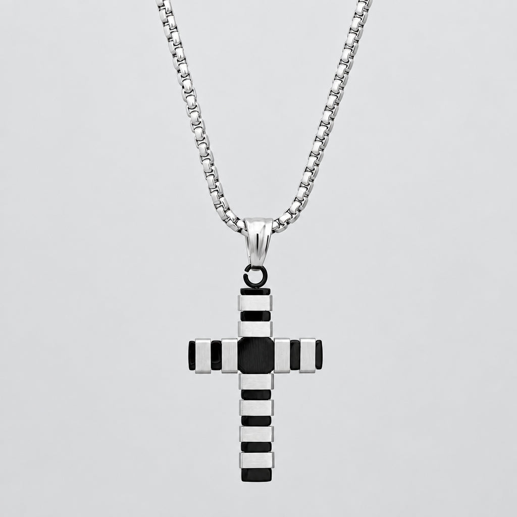 Steeltime Striped Cross Pendant Necklace | Stainless Steel Necklace