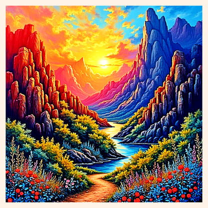 Vibrant Mountain Canyon Sunset Digital Art – High-Res River Landscape