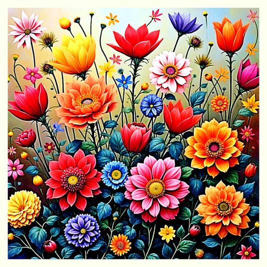 Vibrant Mid-Century Modern Wildflower Meadow Digital Art - 8192px Square
