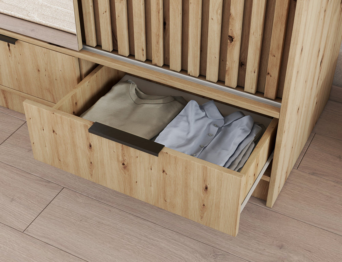 Voodi III Oak Wood Paneled Free Standing Wardrobe - Light Artisan Oak