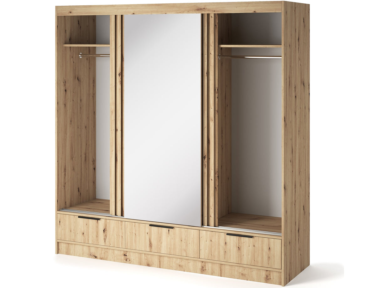 Voodi III Oak Wood Paneled Free Standing Wardrobe - Light Artisan Oak