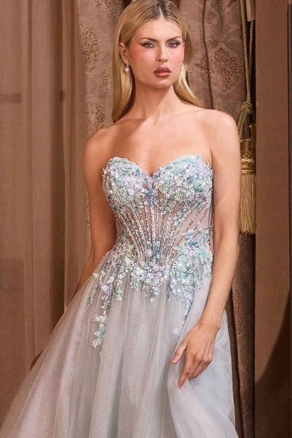 Delicate beaded floral motif & layered glitter tulle