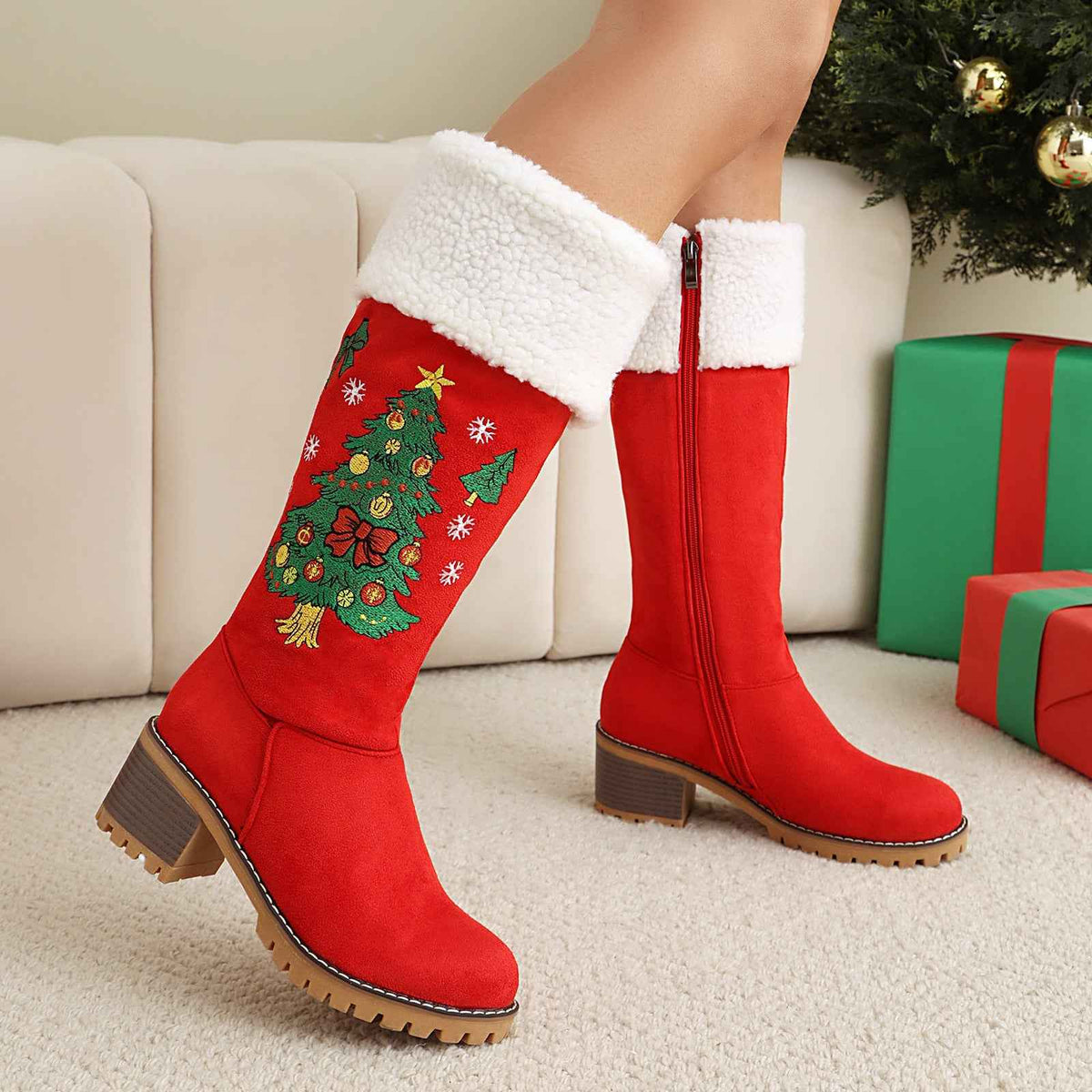 Women's Holiday Suede High Boots – Christmas Tree Embroidery Over-the-Knee Boots