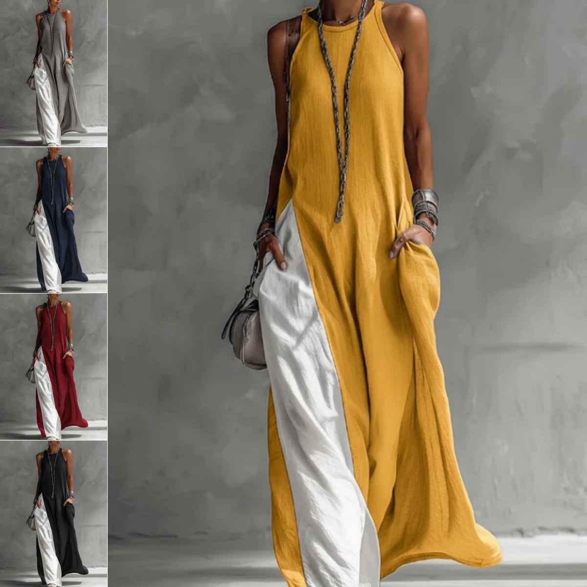 Women Strappy Maxi Dress A-line Vest Type Color Block Summer Beach Dress Loose Casual Halter Neck Pocket Side Split Long Dresses