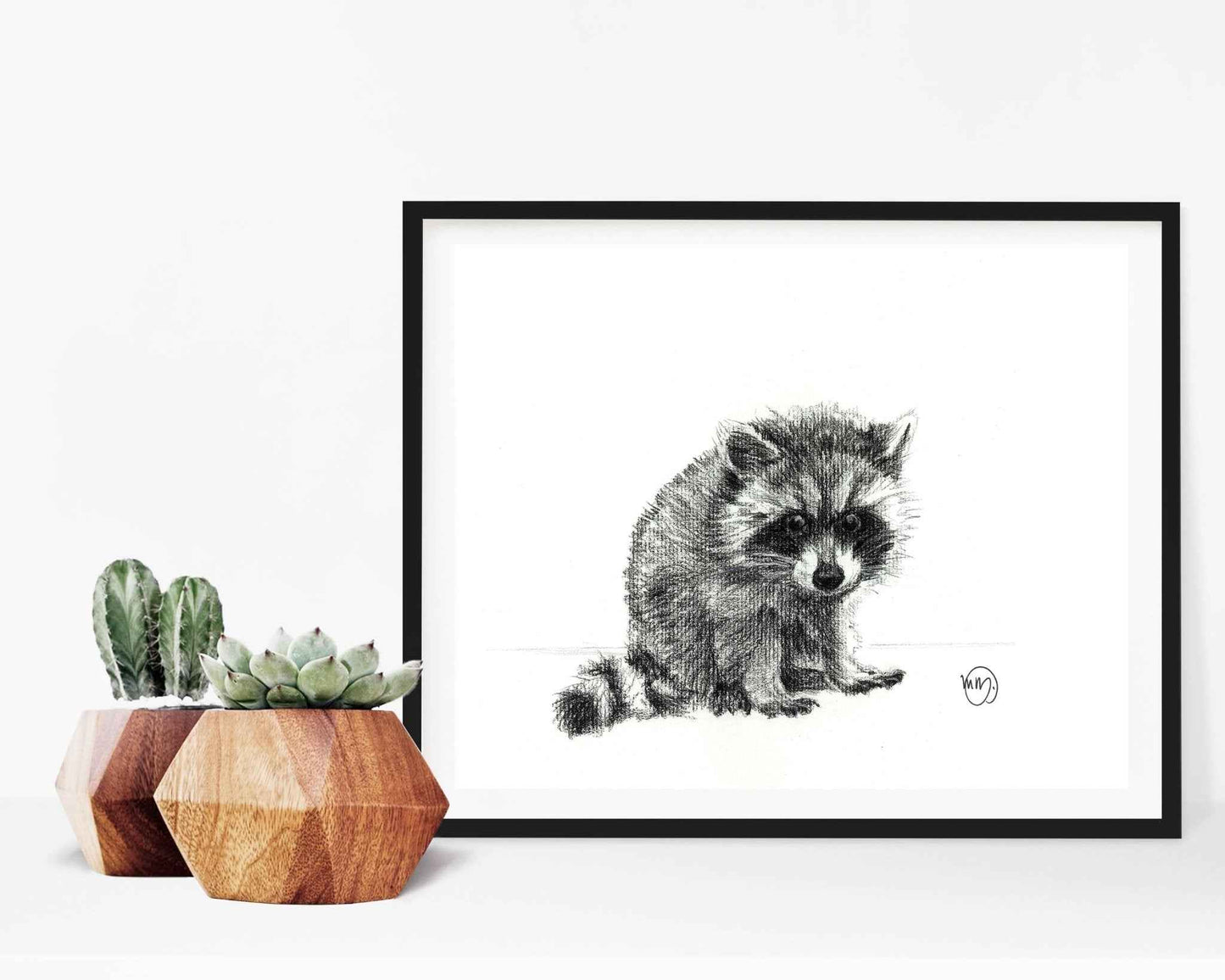 Adorable Baby Raccoon - Black and White Nursery Wildlife Art Print
