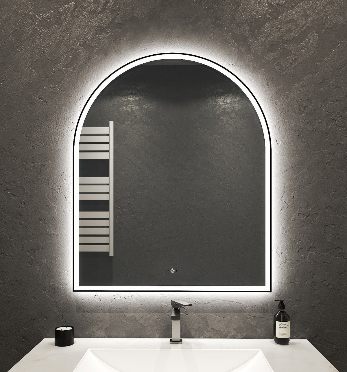 30" x 36" Arched LED Bathroom Mirror with Black Metal Frame