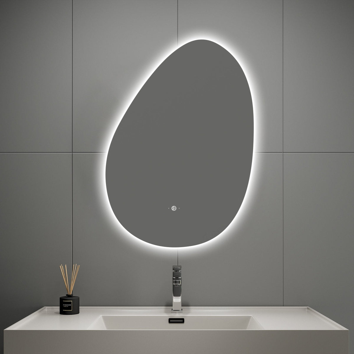 Asymmetrical Backlit LED Bathroom Mirror, Wave Sensor – 20"x28" / 24"x32"