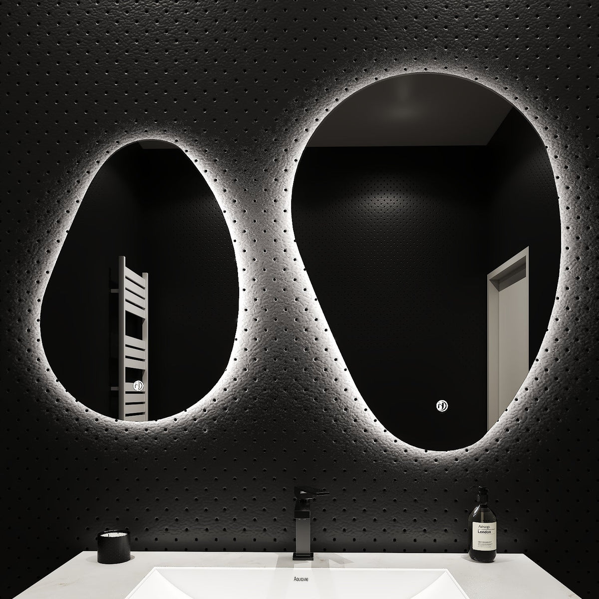 Asymmetrical Backlit LED Bathroom Mirror, Wave Sensor – 20"x28" / 24"x32"