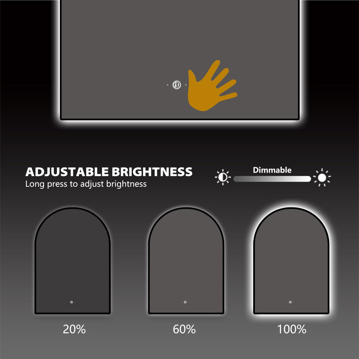 24" x 34" Arched LED Bathroom Mirror, Backlit Frame, Motion Sensor, Anti-Fog – Black / Brush Gold