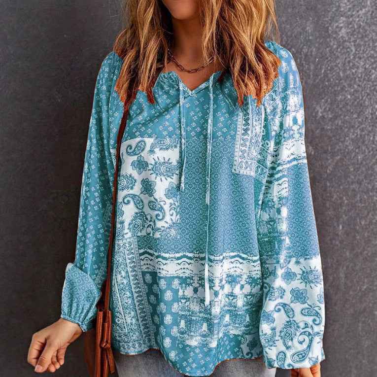 Women's Long-sleeved Printed Ethnic Blouse T-shirt Shirt