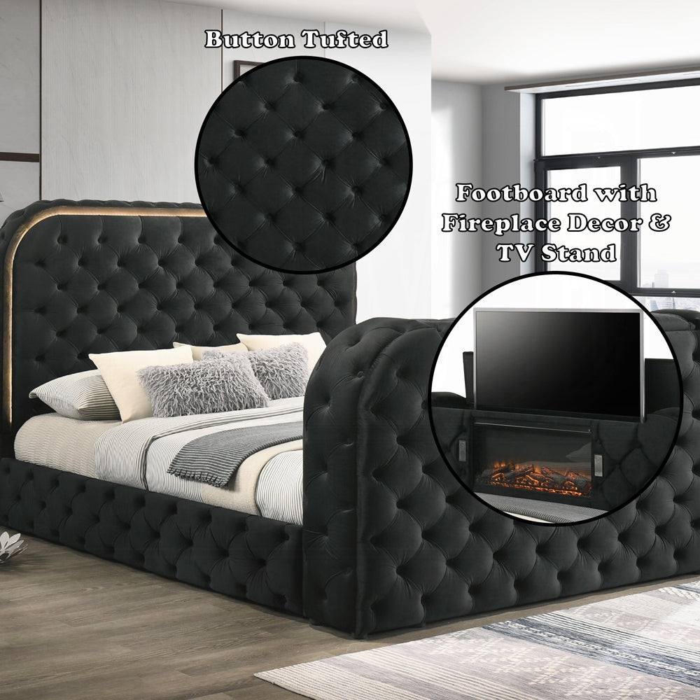 Tagus Smart Platform Bed with LED/ Fireplace/ TV Stand - Black