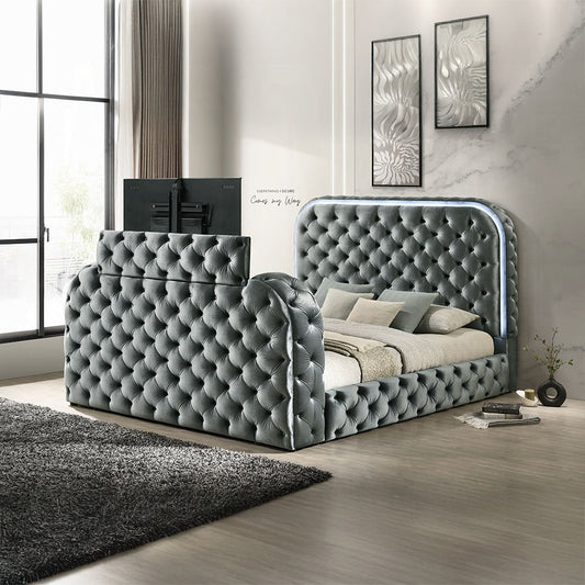 Tagus Smart Platform Bed with LED/ Fireplace/ TV Stand - Grey