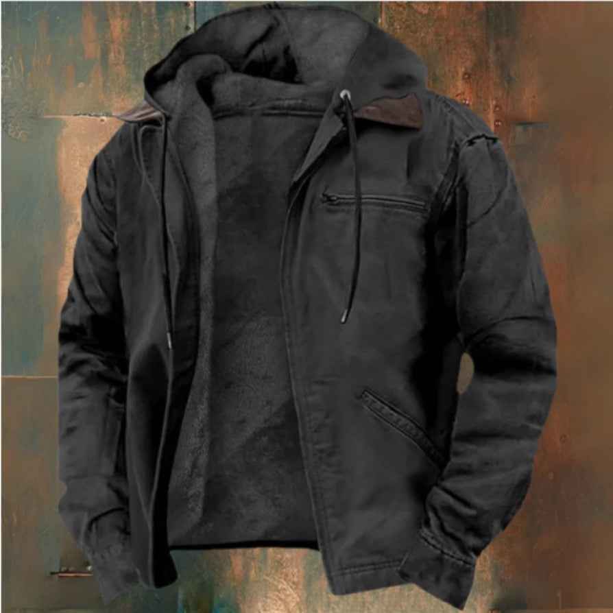 Winter Hooded Coat With Pockets Fashion Warm Fleece Zip-up Jacket Casual Outwear Men's Clothing