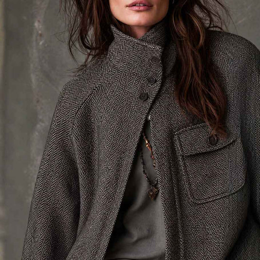Women’s Vintage Oversized Herringbone Wool Coat – Long Relaxed-Fit Winter Outerwear Jacket