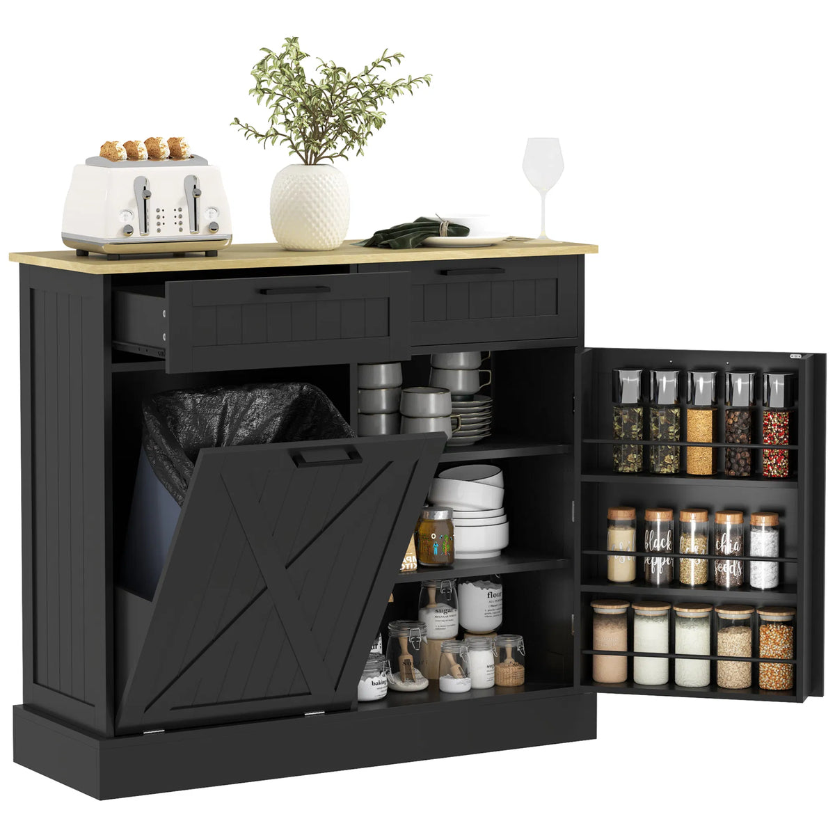 10-Gallon Tilt-Out Trash Cabinet – Hidden Garbage Bin Storage with 2 Drawers (United States & Canada Delivery Only)