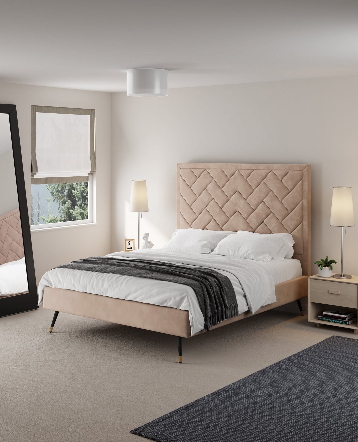 Gallagher Upholstered Velvet Platform Queen Bed - Nude Beige