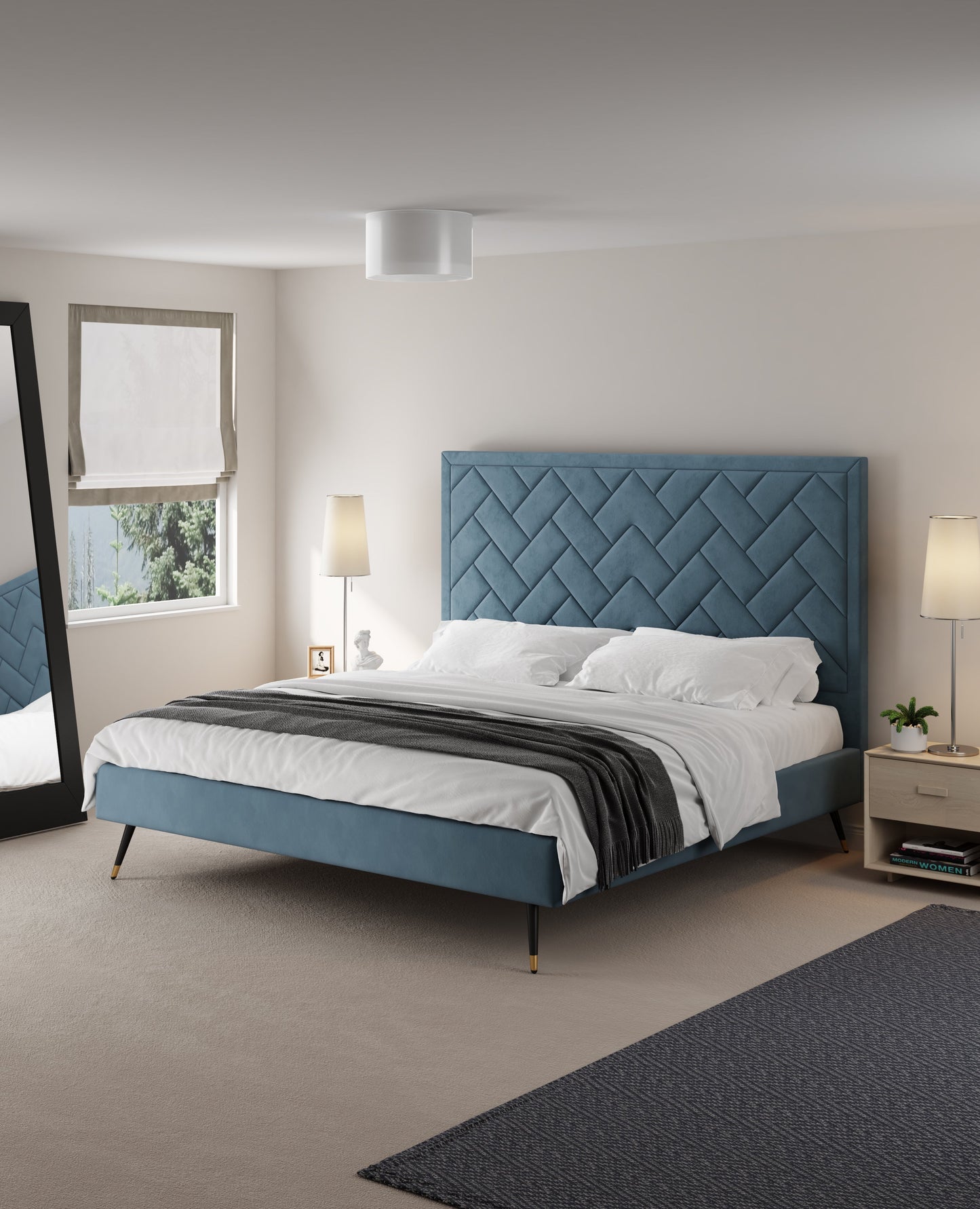 Gallagher Upholstered Velvet Platform Bed - Blue